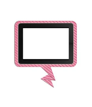 Concept bubble talk tag with computer tablet. Stock Photos