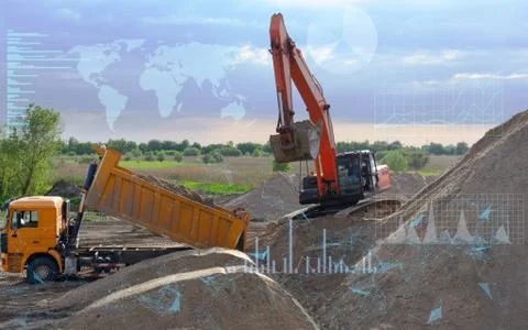 The concept of building the future, full automation of excavator and truck wo Stock Photos