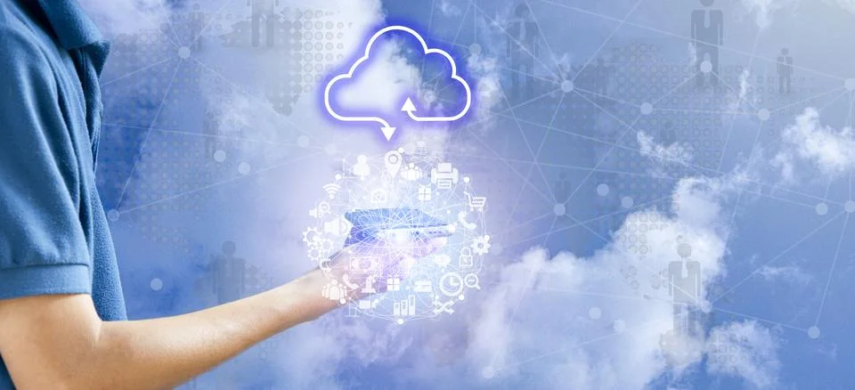 Concept of business men using cloud computing online, convenient, economica.. 스톡 사진