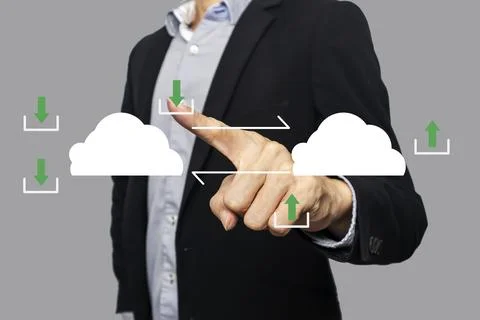 The concept of business people using technology to store data and send it o.. 스톡 사진