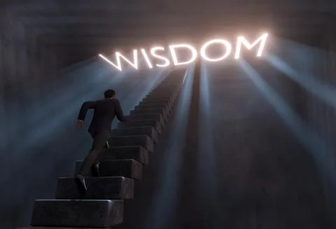 Concept with businessman run up stairs to chasing wisdom in dark room. Photor Stock Illustration