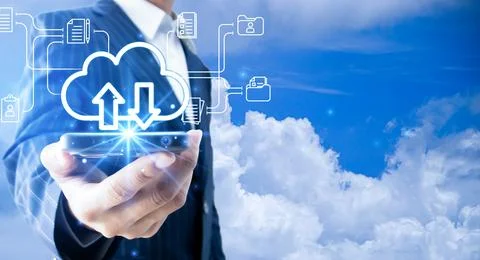 Concept of businessman using cloud computing, online data storage 스톡 사진