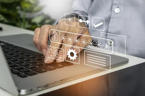Concept of businessman using laptop with data security and prevent access t.. 写真素材