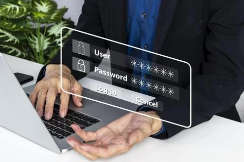 Concept of businessman using laptop with data security and prevent access t.. Stock Photos