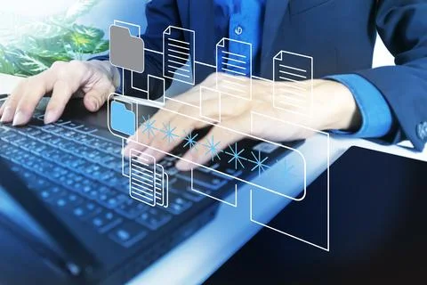 Concept of businessman using laptop with data security and prevent access t.. Stock Photos