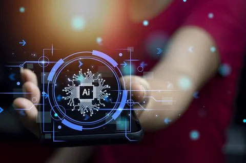 Concept. Businessman using smartphone to program digital chatbot robot. Con.. Stock Photos