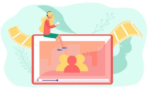 Concept busy woman using notebook, makes a report, studying remotely, young Stock Illustration