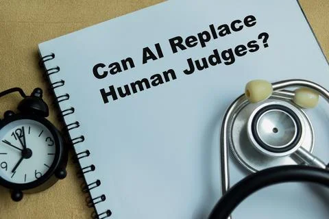 Concept of can AI replace human judges write on book isolated on Wooden Table Stock Photos