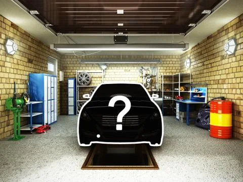 Concept of car selection Front View of a Garage with a car 3D Interior with O Illustrazione stock