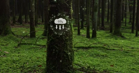 Concept carbon dioxide icon symbol on a vertical slider shot of mossy forest Vidéo 341602864