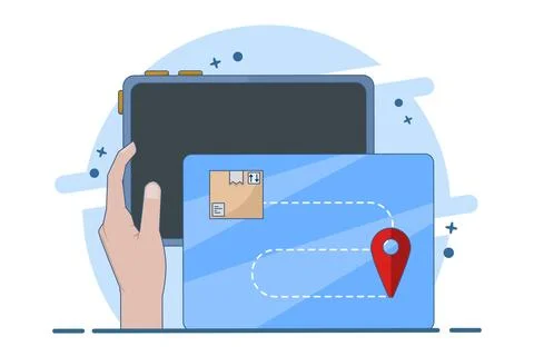 Concept of cargo box logistics delivery tracking, tracking order delivery route. Illustrazione stock