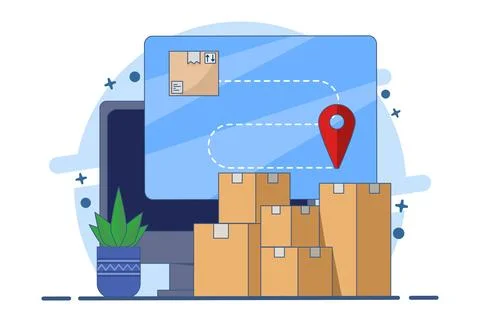 Concept of cargo box logistics delivery tracking, tracking order delivery route. Illustrazione stock