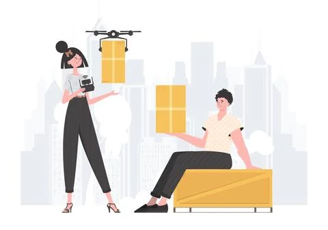 The concept of cargo delivery. The drone is transporting the parcel. Man an.. Stock Illustration