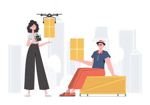 The concept of cargo delivery. The drone is transporting the parcel. Man an.. Illustrazione stock