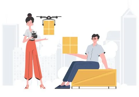 The concept of cargo delivery. The drone is transporting the parcel. Man an.. イラスト素材