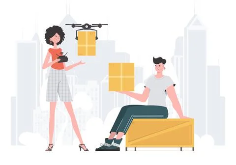 The concept of cargo delivery. The drone is transporting the parcel. Man an.. イラスト素材
