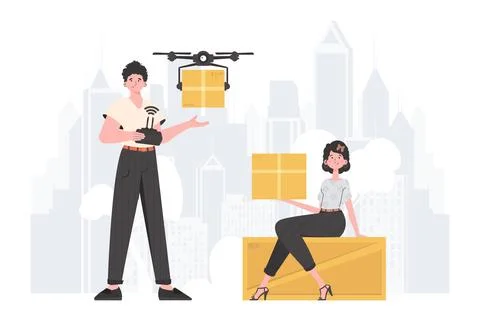 The concept of cargo delivery. The drone is transporting the parcel. Man an.. Illustrazione stock