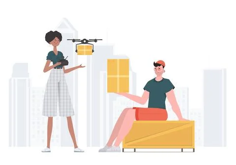 The concept of cargo delivery. The quadcopter is transporting the parcel. M.. イラスト素材