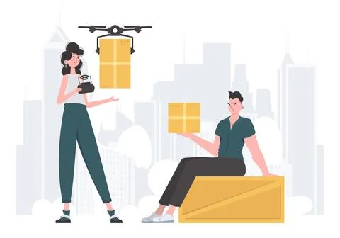 The concept of cargo delivery. The quadcopter is transporting the parcel. M.. Stock Illustration