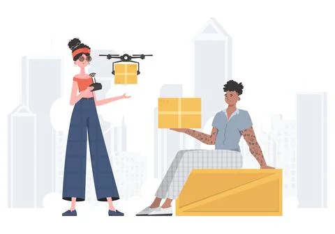 The concept of cargo delivery. The quadcopter is transporting the parcel. M.. 스톡 일러스트