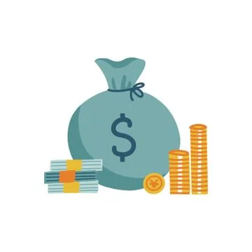 Concept of cash. Money bag, stack coins and banknote, bundles of notes. Vecto Stock Illustration