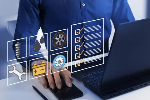 The concept of checking car data through a computer system to display car d.. Stock Photos