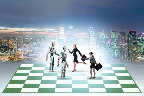 Concept of chess played by robots versus people Stockfoto's