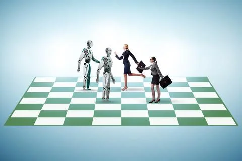 Concept of chess played by robots versus people Stock Photos