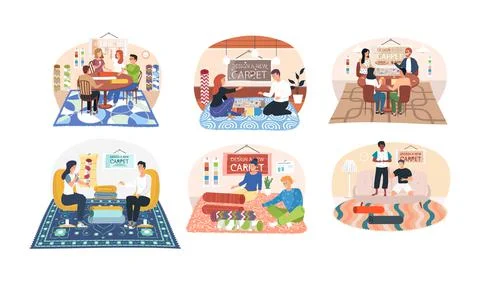 Concept of choosing new rug and interior design. Guys equip apartment, select Stock Illustration