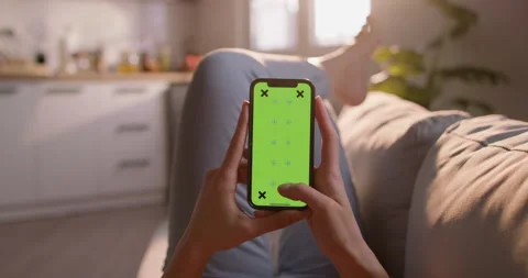 Concept of chroma key green screen, empty copy space mock up swiping tapping Видео 246260156