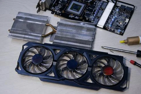 Concept, circuit board and components of a graphics card Stock Photos