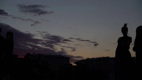 Concept of city Park in summer evening and healthy lifestyle. Red sunset clouds Stock Footage 80469866