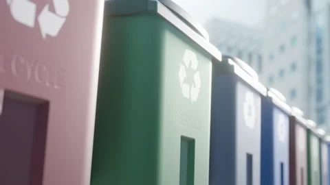 The concept of clean modern cities. Garbage bins for waste recycling Stock Footage 169531604