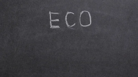 Concept, close-up of a man's hand writing the word "eco product" on a chalkboard Stock Footage 126524887