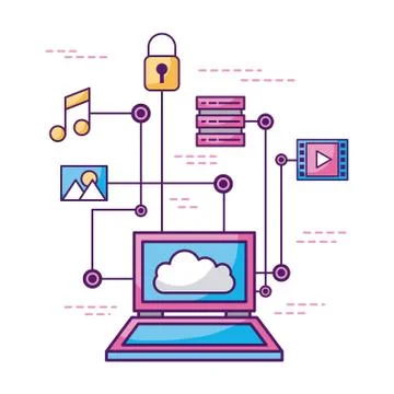 Concept of cloud computing and protecting data music photo information Illustrazione stock