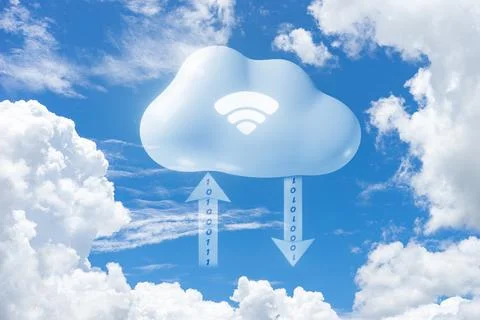 Concept of cloud computing. From the cloud in the world. 3D illustration Stock Photos