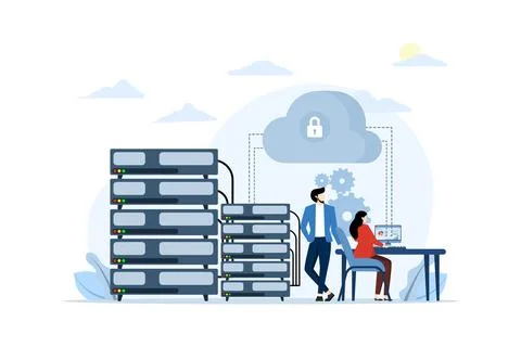 Concept of cloud computing, data center, file management, cloud storage. Illustrazione stock