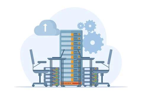 Concept of cloud computing, data center, file management, cloud storage. Illustrazione stock