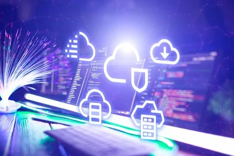 Concept of cloud computing technology. Protecting data and servers remotely.. Fotos de archivo