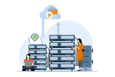 Concept of cloud storage, file downloading, database protection, data center. Stock Illustration