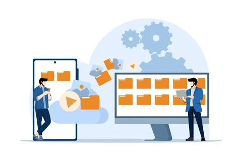 Concept of cloud storage, file downloading, database protection, data center. 스톡 일러스트