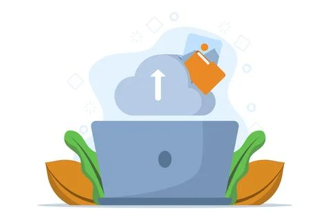 Concept of cloud storage, file downloading, database protection, data center. 스톡 일러스트