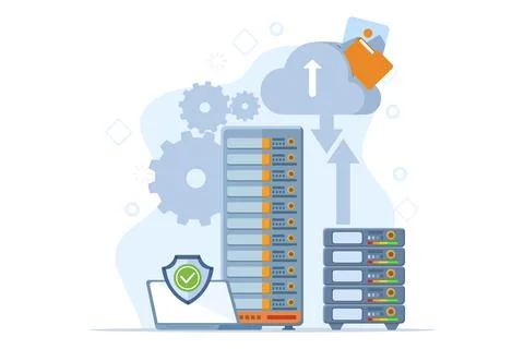 Concept of cloud storage, file downloading, database protection, data center. 스톡 일러스트
