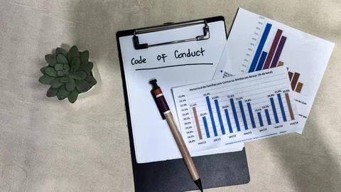 Concept of Code on Conduct write on paperwork isolated on wooden background. Stock Photos