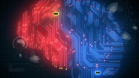 Concept colored circuit board in form of human brain, Hud display and animation Stock Photos