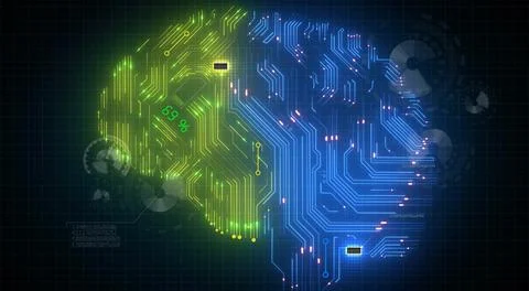 Concept colored circuit board in form of human brain, Hud display and animation Stock Photos