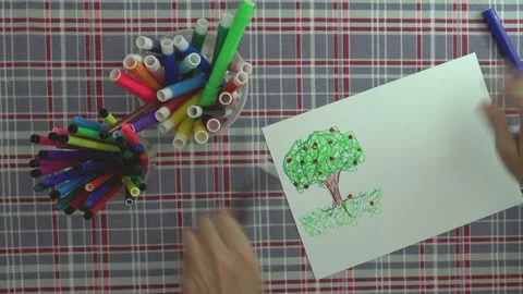 Concept. Colored handmade sketch of a tree and grass, an arrow and other tree Stock Footage 130539289