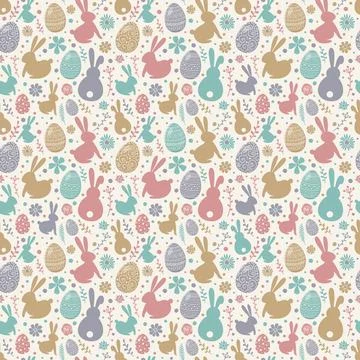 Concept of colourful texture with decorative eggs, bunnies and flowers. Easte Stock Illustration