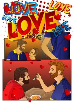 Concept comic book page depicting lgbtq love. Gay couple spending free time a Ilustração Stock
