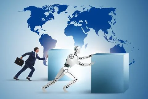 Concept of competition between robots and humans 스톡 사진